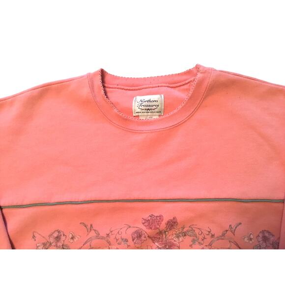 Northern Treasures Sweatshirt Pink Floral Trim Chest Sleeves - Picture 2 of 7